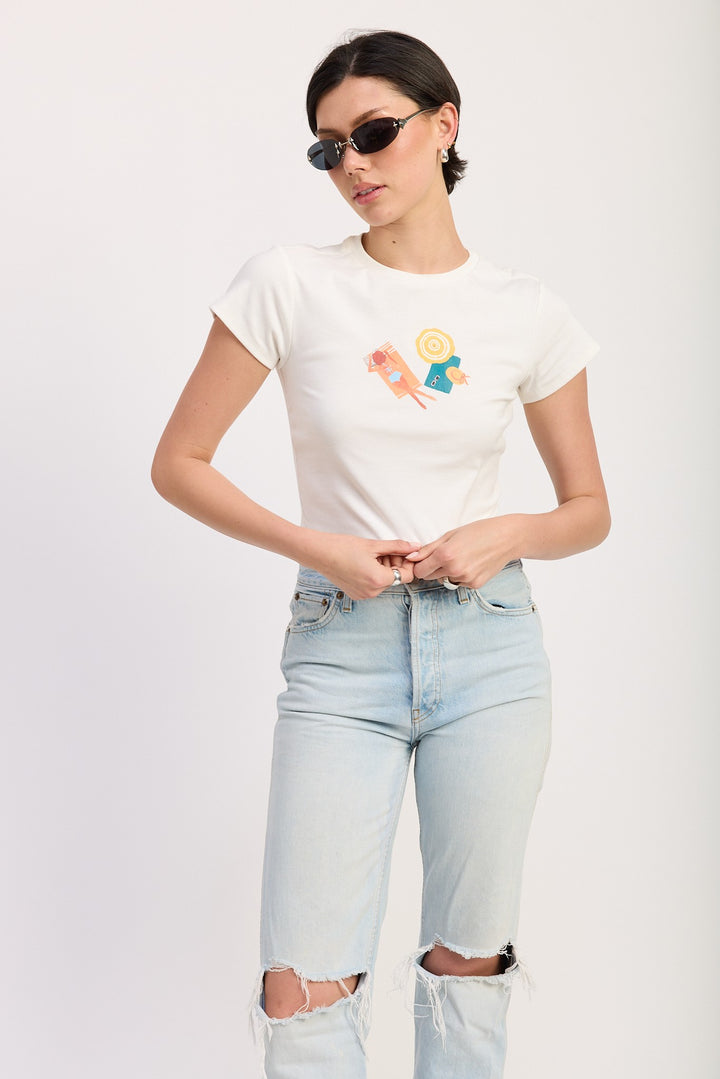 White Embroidered Graphic Baby Tee