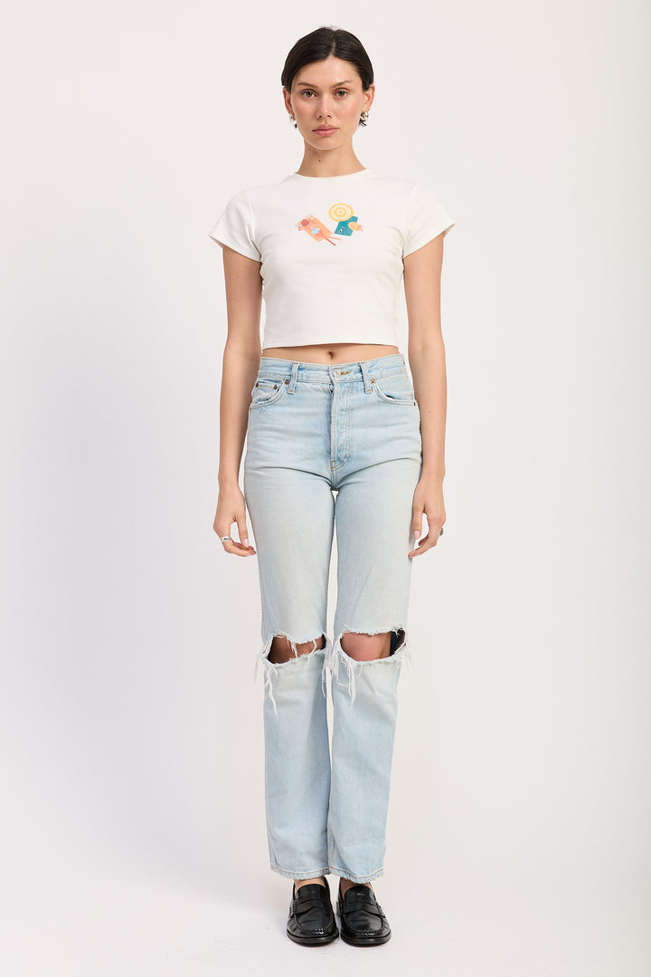 White Embroidered Graphic Baby Tee