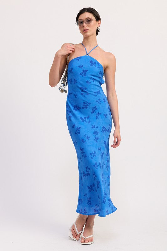 Blue Floral Crossback Halter Neck Maxi Dress