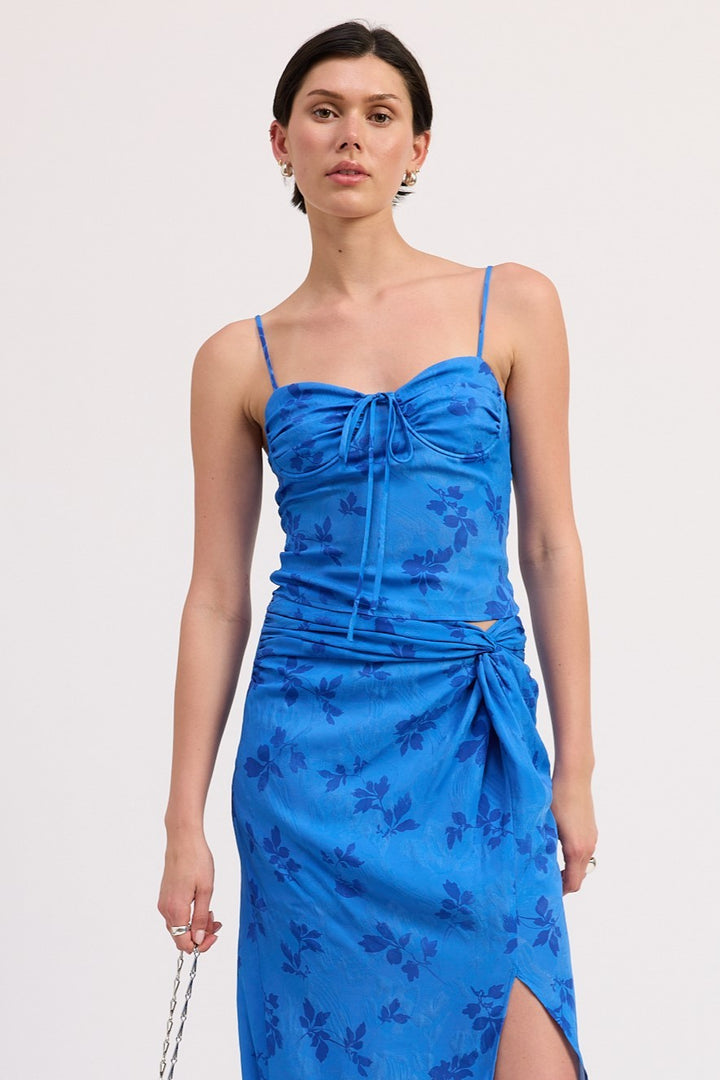 Blue Floral Floral Corset Style Top With Spaghetti Straps