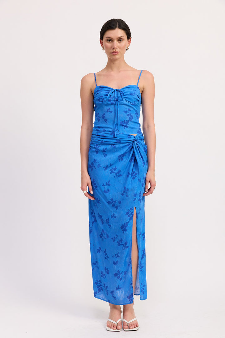 Blue Floral Floral Corset Style Top With Spaghetti Straps