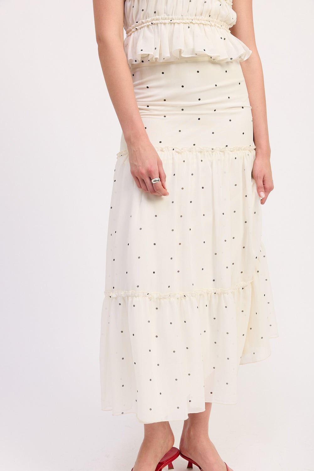 Black Polka Dot Tiered Ruffle Midi Skirt