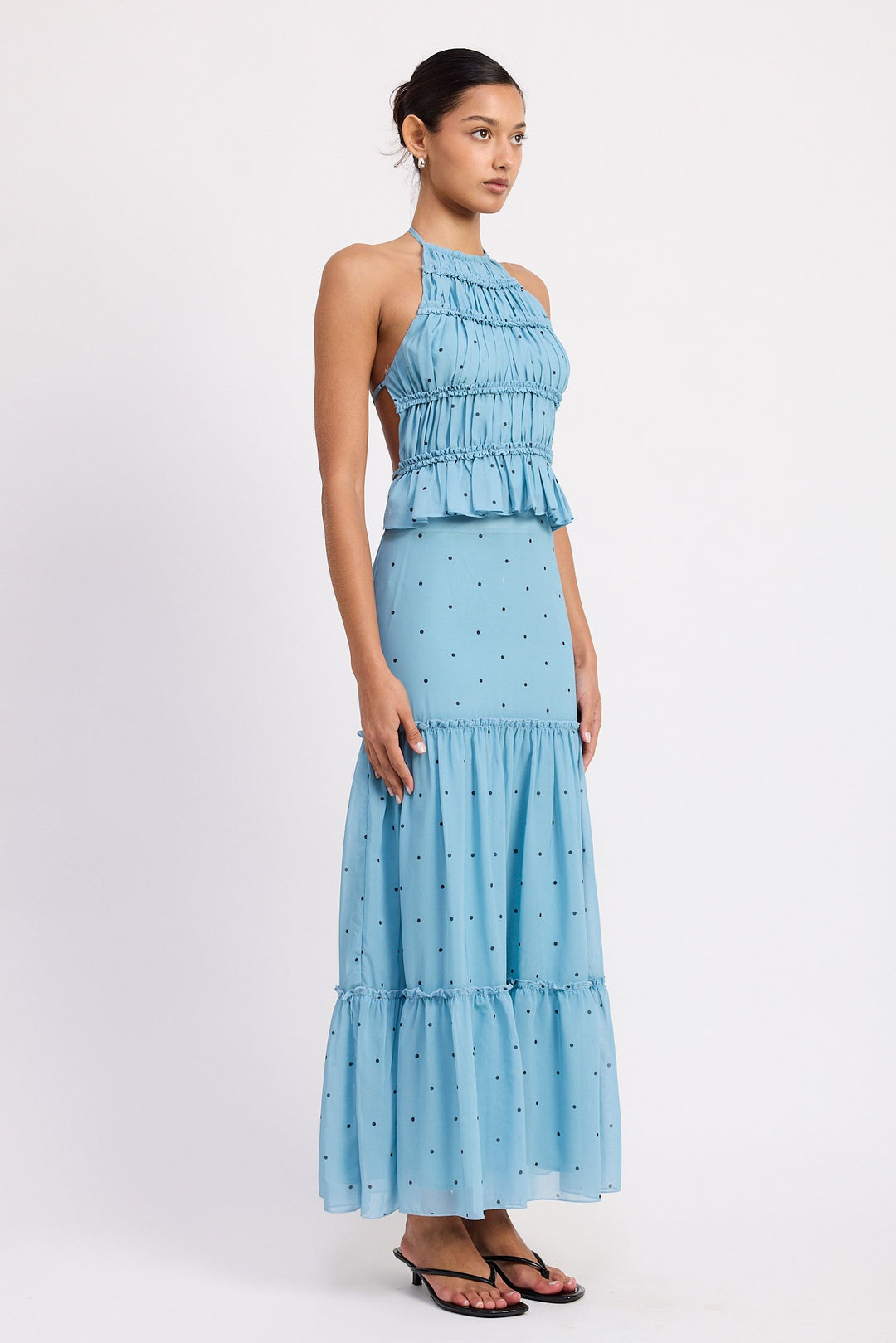 Blue Polka Dot Tiered Ruffle Midi Skirt