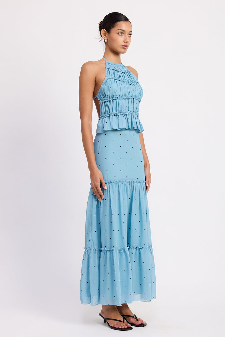 Blue Polka Dot Tiered Ruffle Midi Skirt