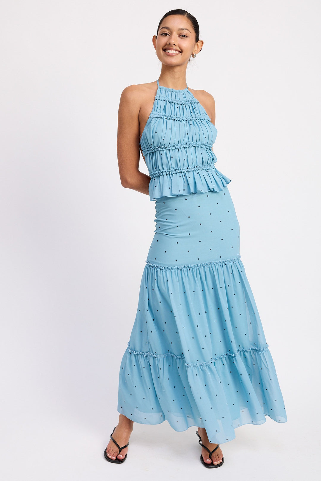 Black White Polka Tiered Ruffle Midi Skirt