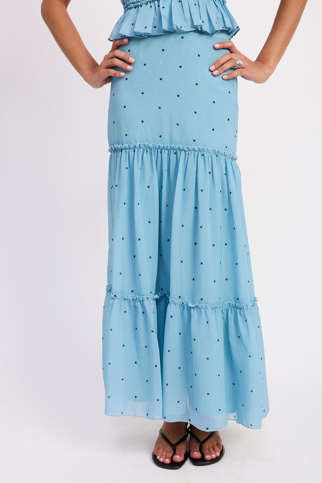 Blue Polka Dot Tiered Ruffle Midi Skirt