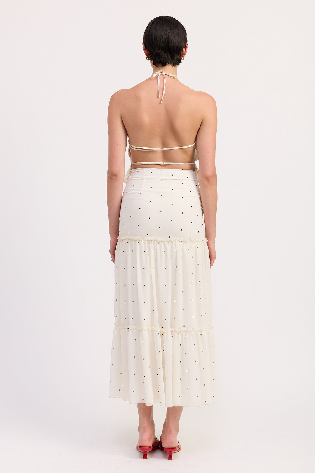 Black White Polka Tiered Ruffle Midi Skirt