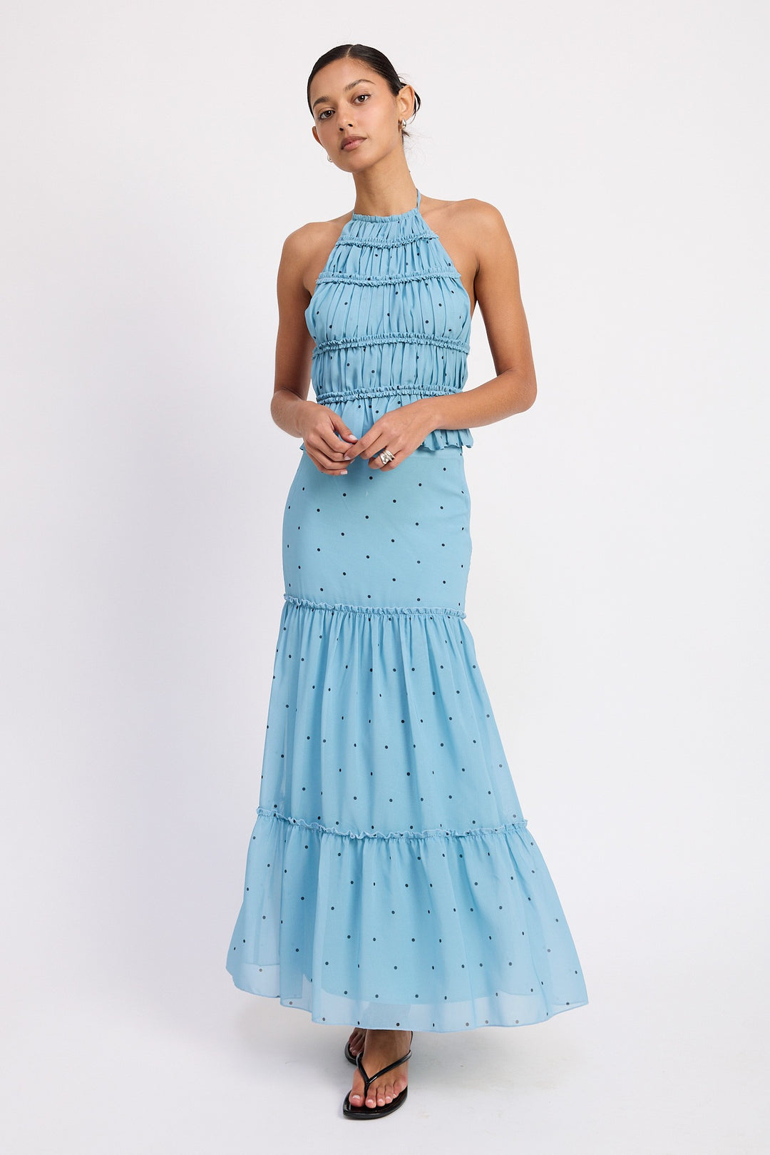 Blue Polka Dot Tiered Ruffle Midi Skirt