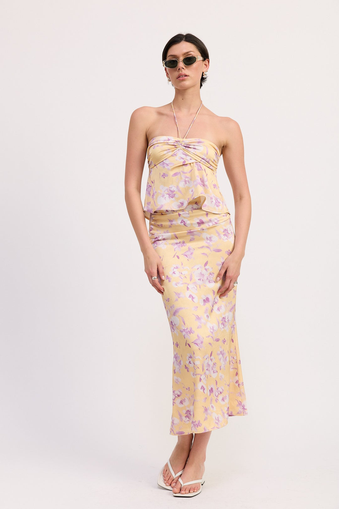Yellow Purple Floral Strapless Ruched Halter Top
