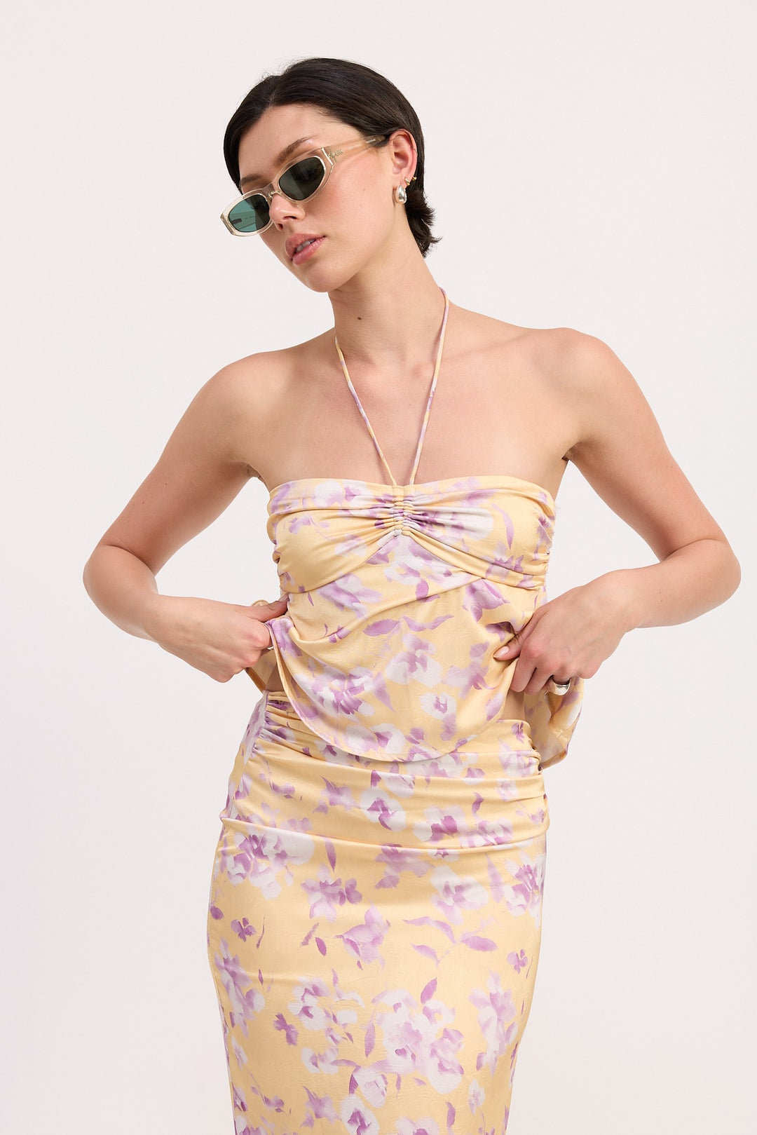 Yellow Purple Floral Strapless Ruched Halter Top