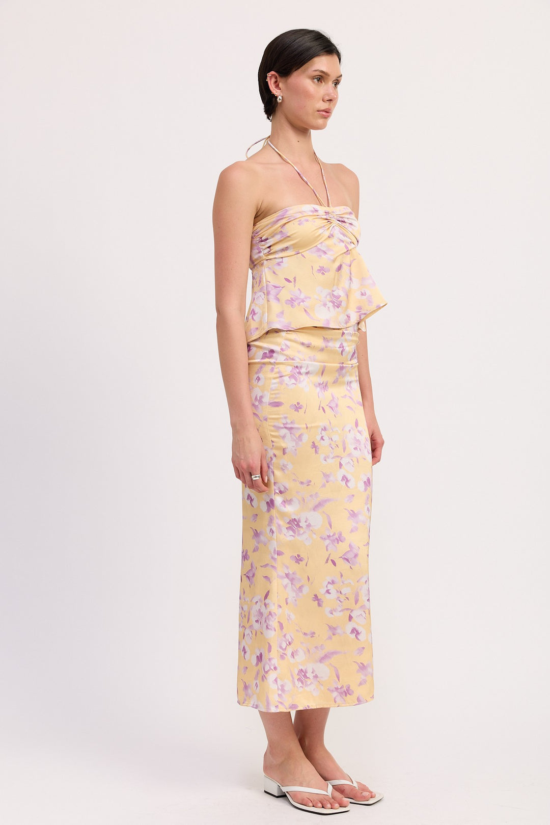 Floral Strapless Ruched Halter Top