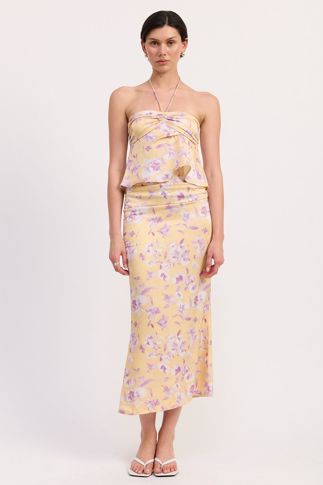 Yellow Purple Floral Print Ruched Midi Skirt
