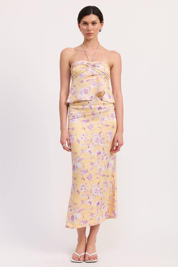 Yellow Purple Floral Print Ruched Midi Skirt