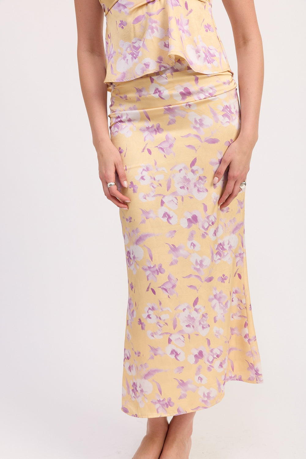 Yellow Purple Floral Print Ruched Midi Skirt