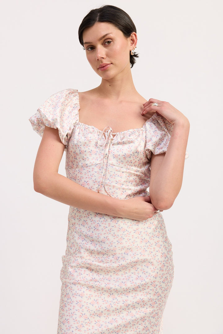 Pink Ditsy Floral Puff Sleeve Midi Dress
