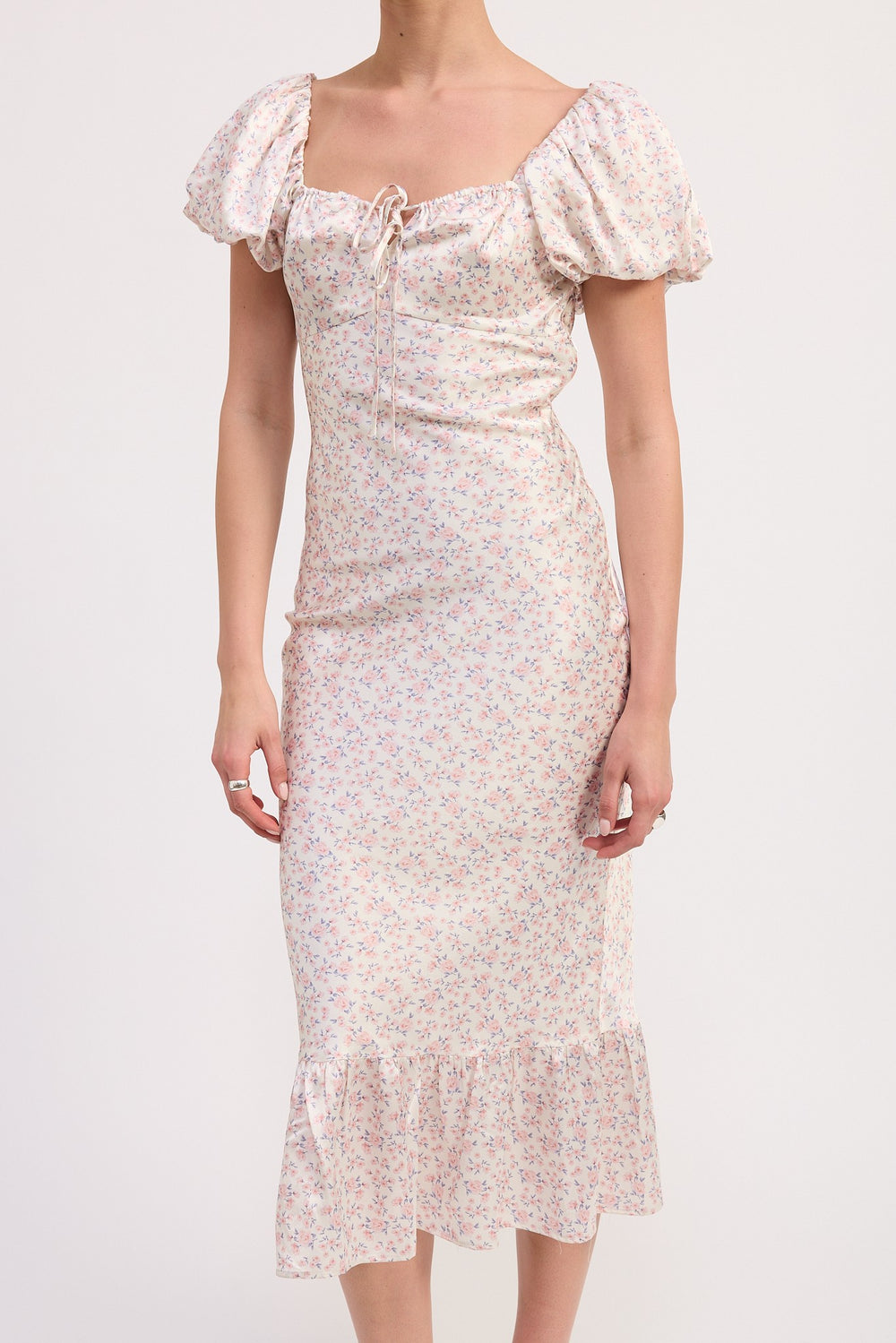 Pink Ditsy Floral Puff Sleeve Midi Dress