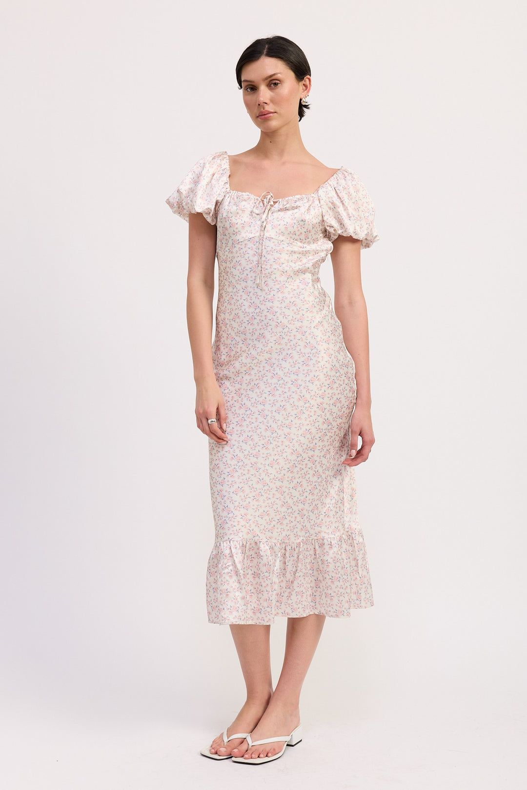 Pink Ditsy Floral Puff Sleeve Midi Dress