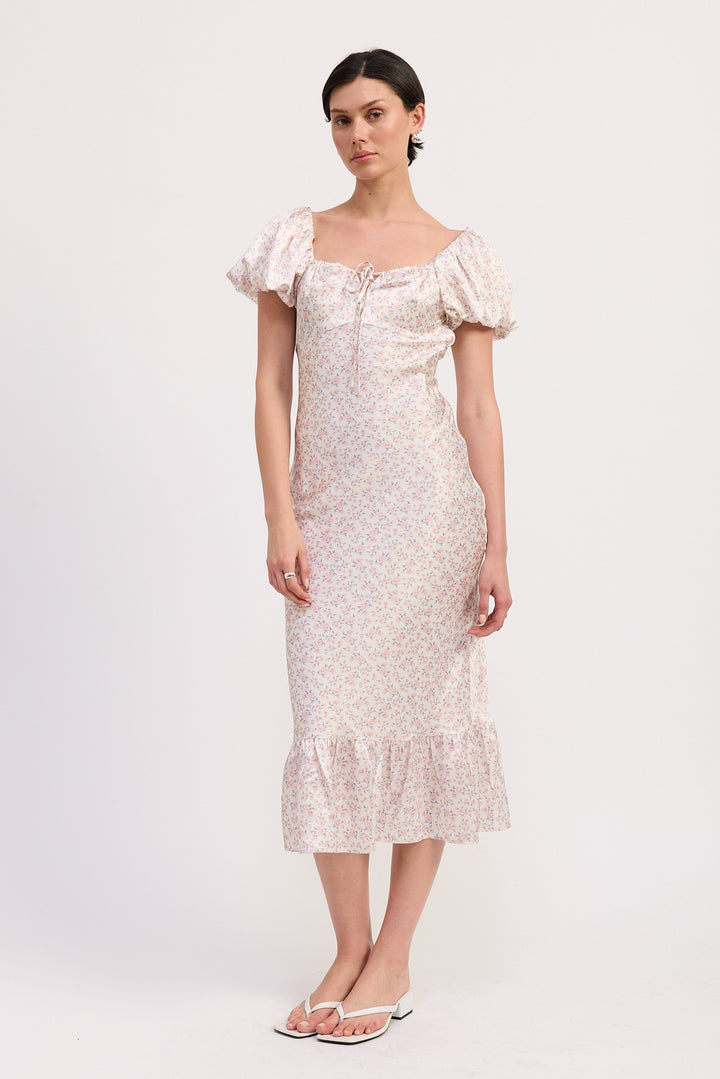 Pink Ditsy Floral Puff Sleeve Midi Dress