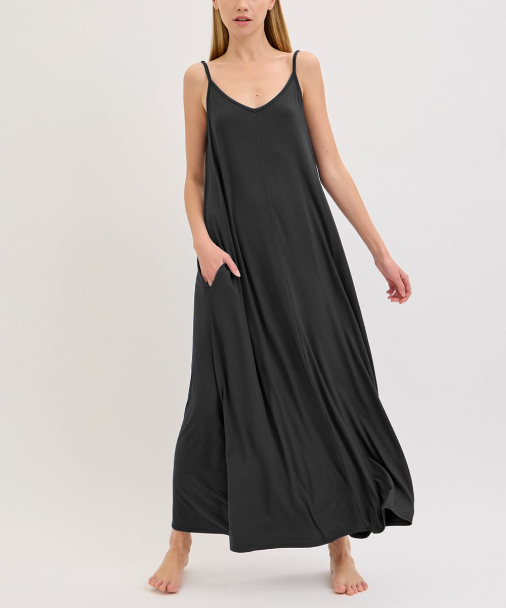 Black Bamboo Bra Insert Shoulder Strap Maxi Dress