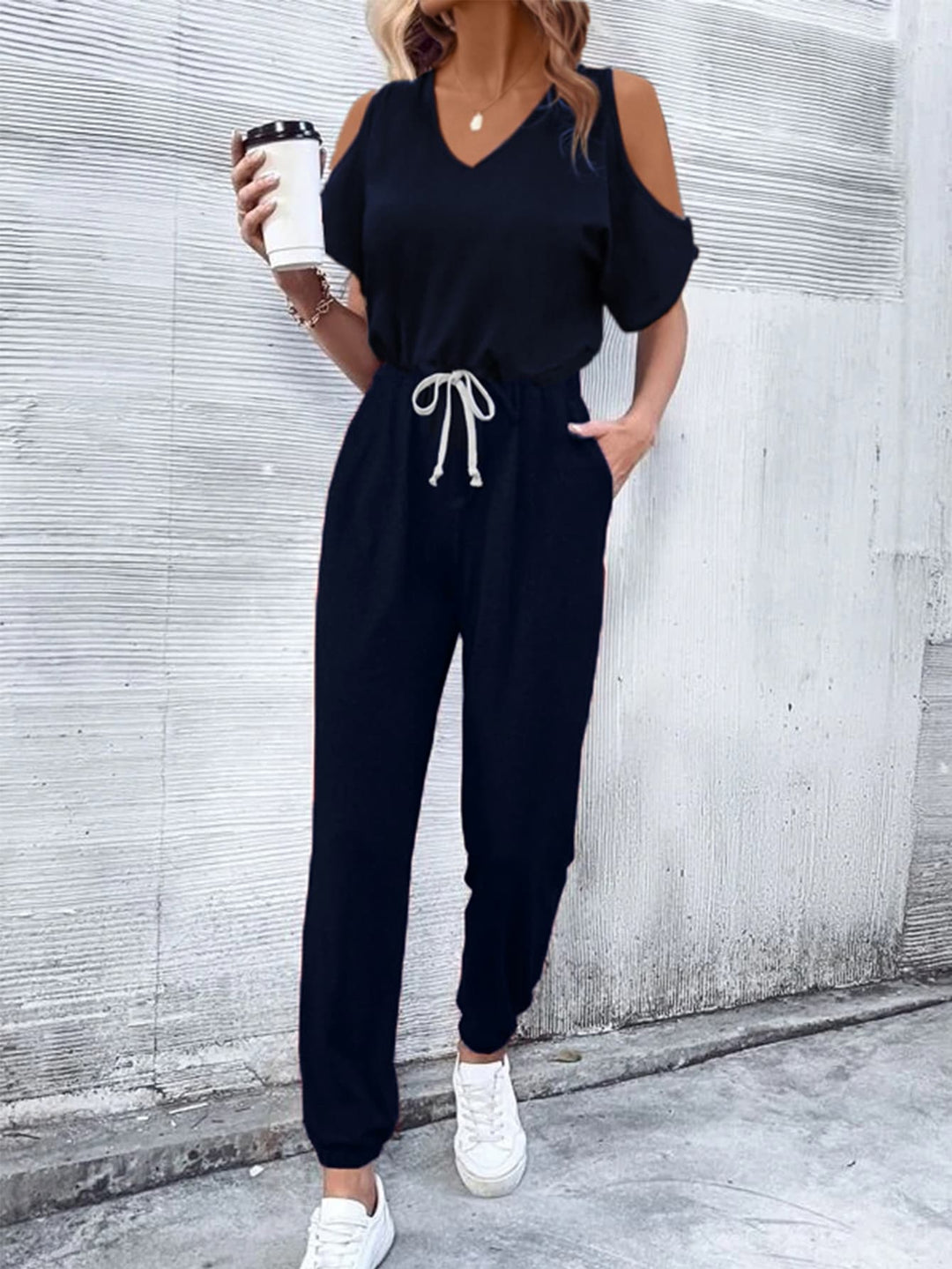 Black V Neck Cold Shoulder Jumpsuit With Pockets