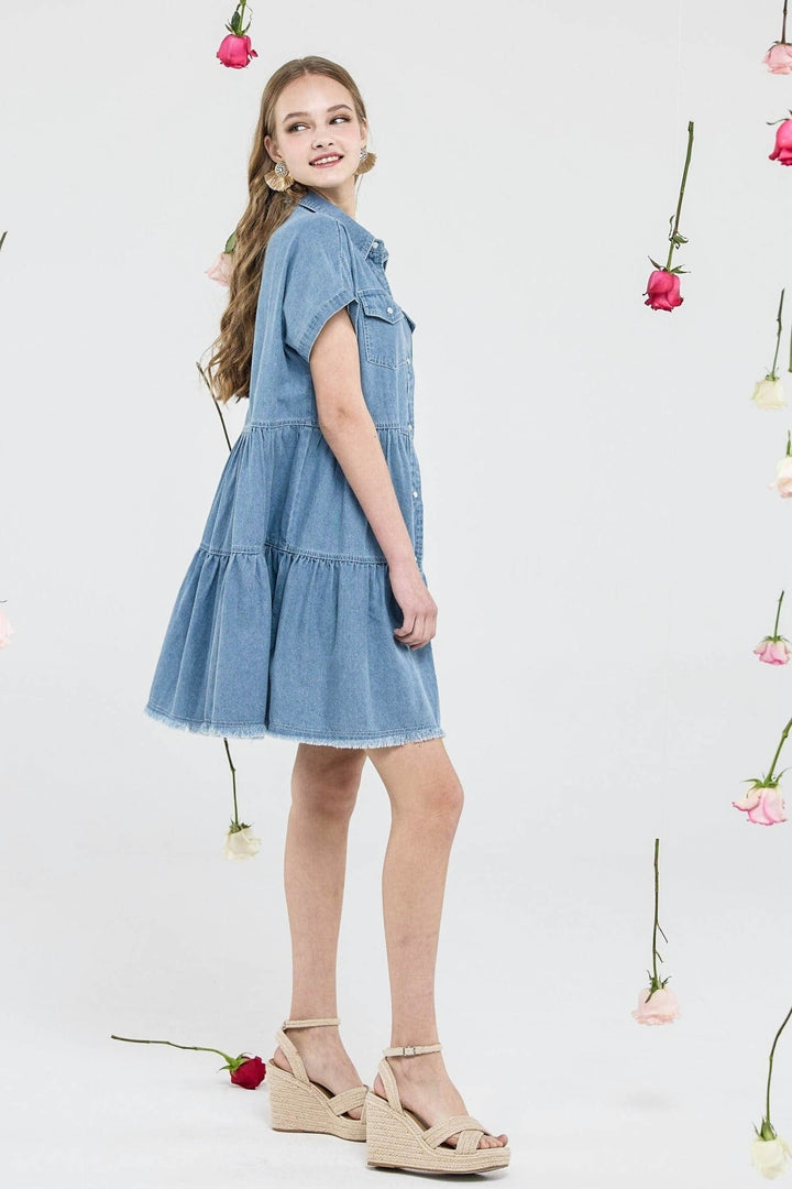 Button Down Tiered Babydoll Denim Shirt Dress