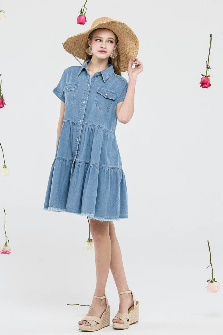 Lt.Denim Button Down Tiered Babydoll Denim Shirt Dress