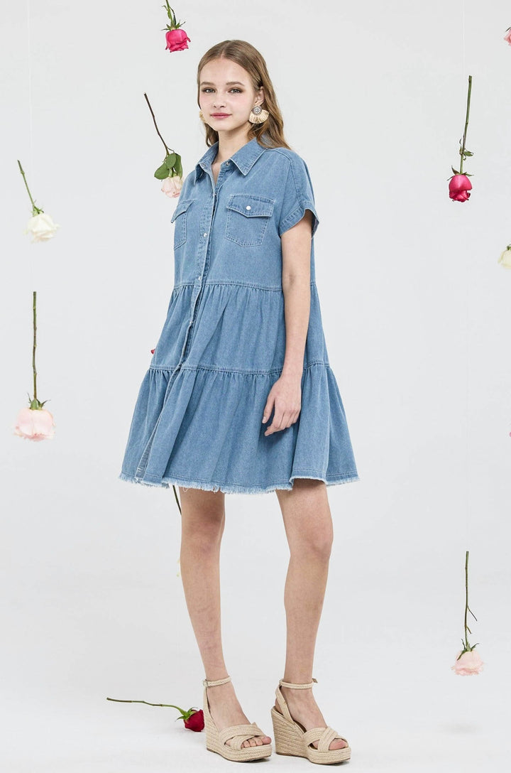 Lt.Denim Button Down Tiered Babydoll Denim Shirt Dress