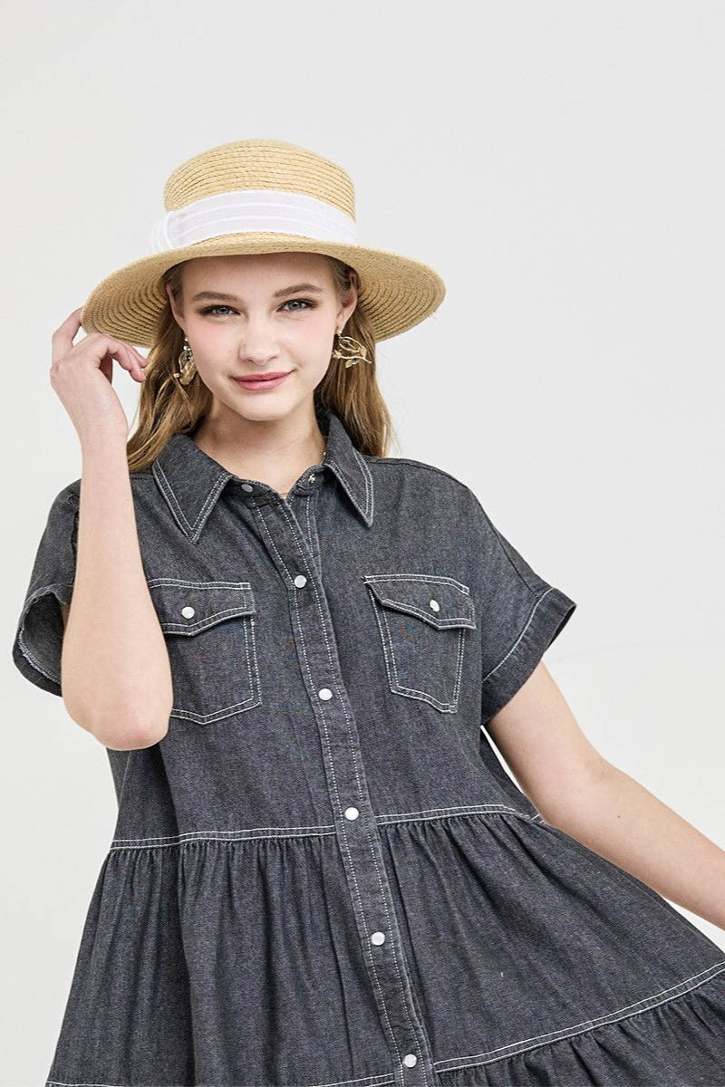 Charcoal Chambray Button Down Tiered Babydoll Denim Shirt Dress