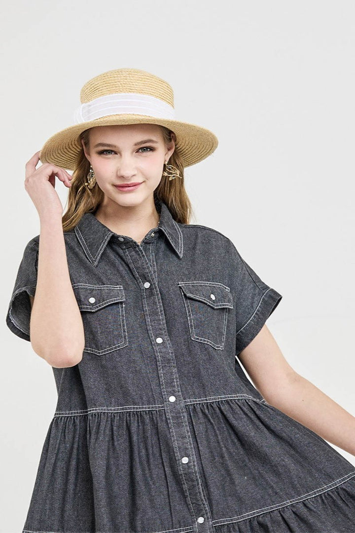 Charcoal Chambray Button Down Tiered Babydoll Denim Shirt Dress