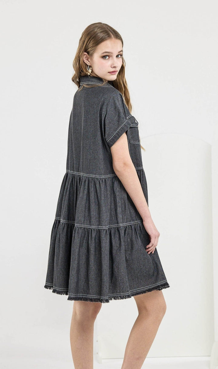Lt.Denim Button Down Tiered Babydoll Denim Shirt Dress