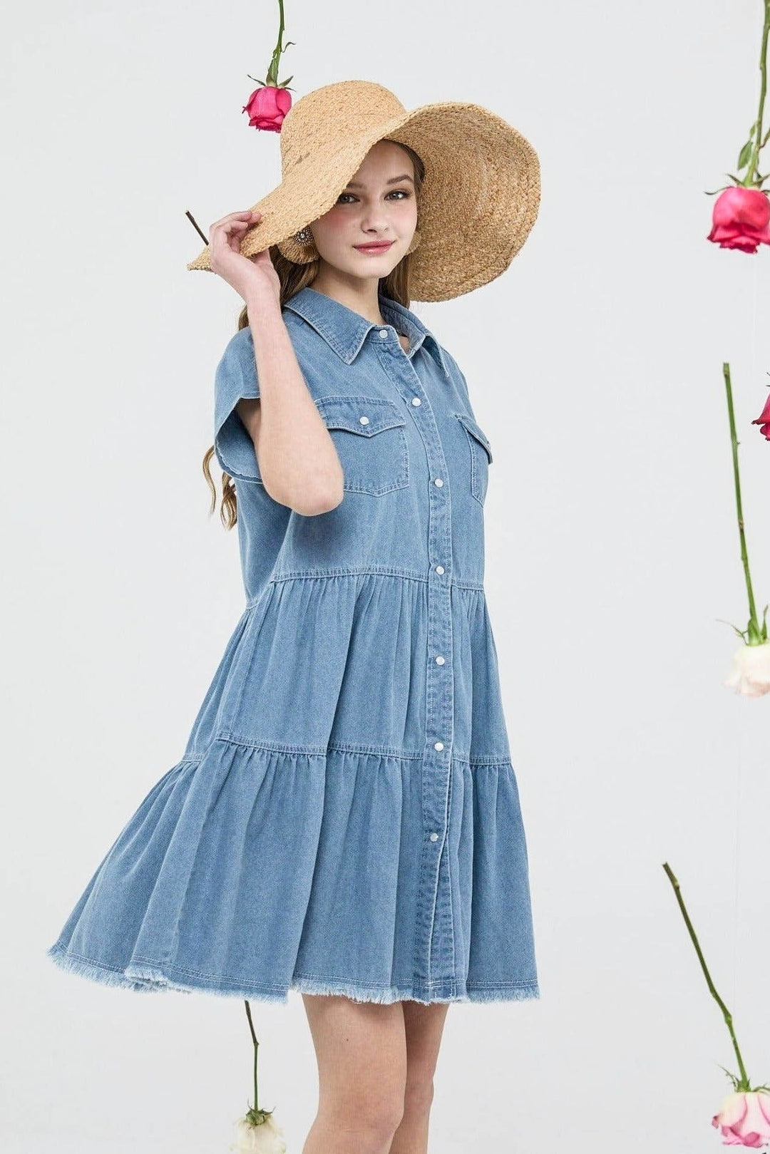 Button Down Tiered Babydoll Denim Shirt Dress