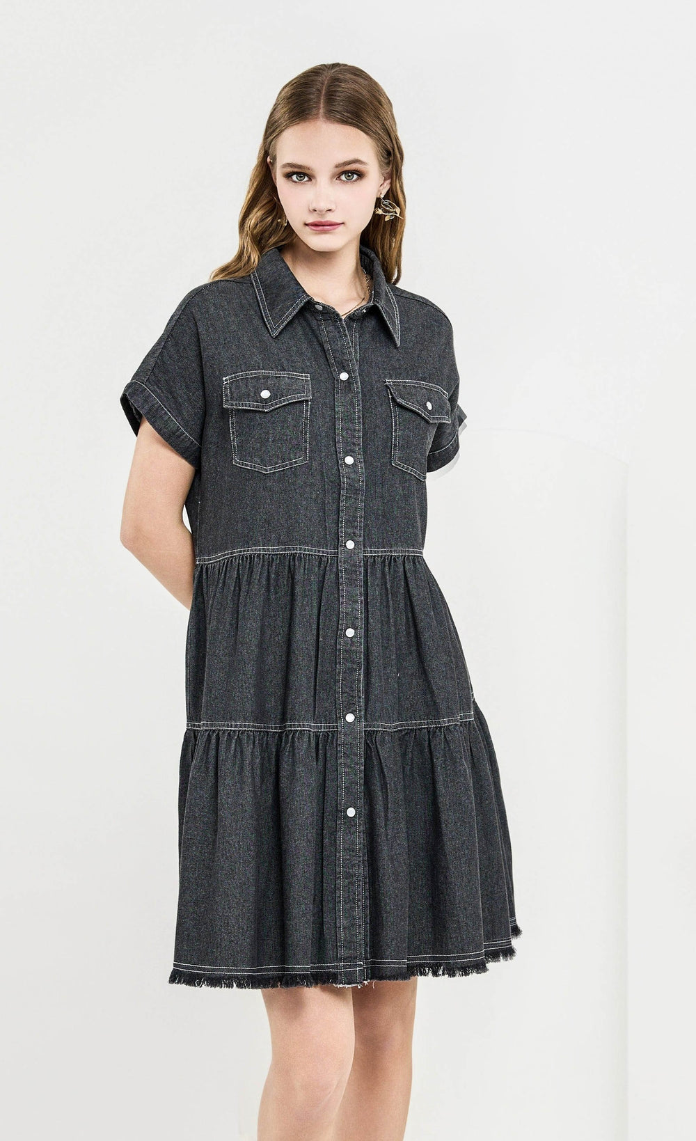 Charcoal Chambray Button Down Tiered Babydoll Denim Shirt Dress