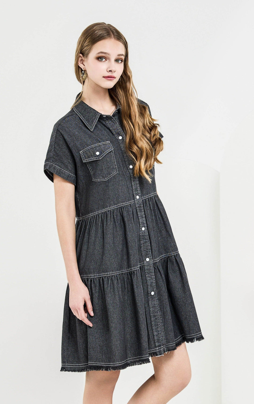 Charcoal Chambray Button Down Tiered Babydoll Denim Shirt Dress