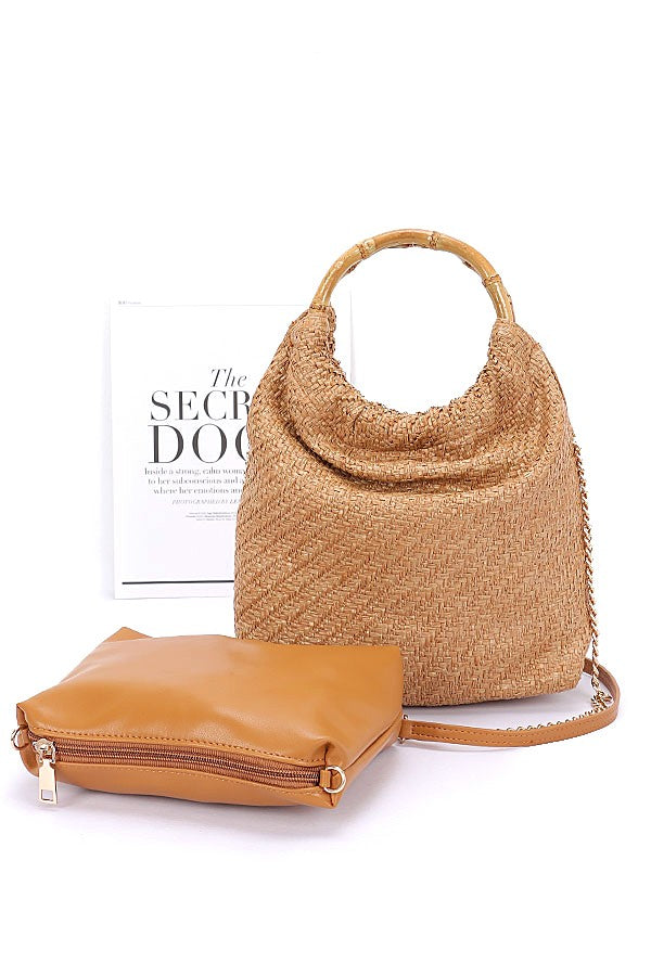 Camel Bamboo Handle 2 In 1 Straw Tote