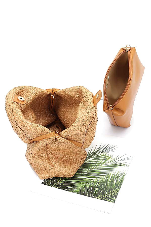 Bamboo Handle 2 In 1 Straw Tote