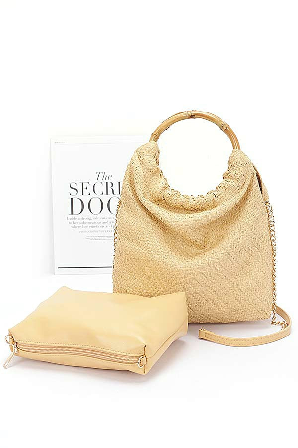 Beige Bamboo Handle 2 In 1 Straw Tote