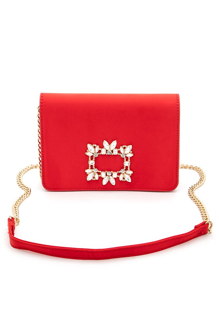 Cobalt Crystal Buckle Designed Satin Crossbody Bag