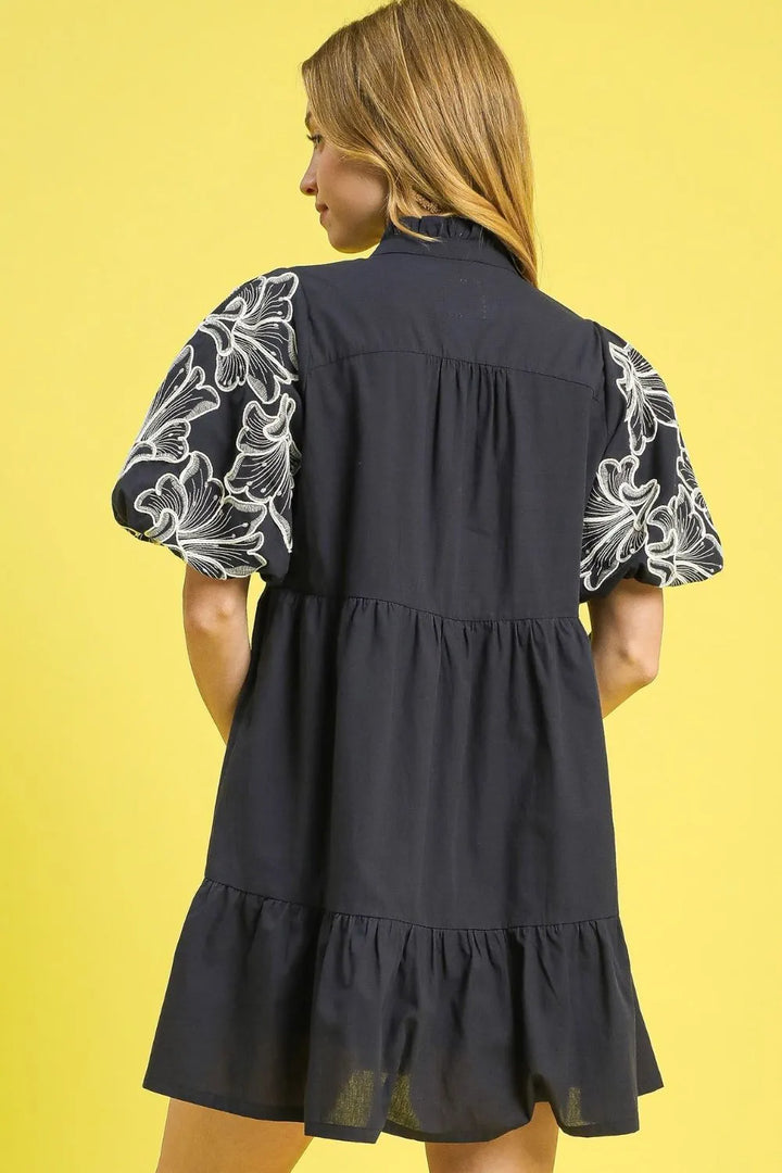 Dark Gray Umgee Tiered Embroidered Puff Sleeve Mini Dress