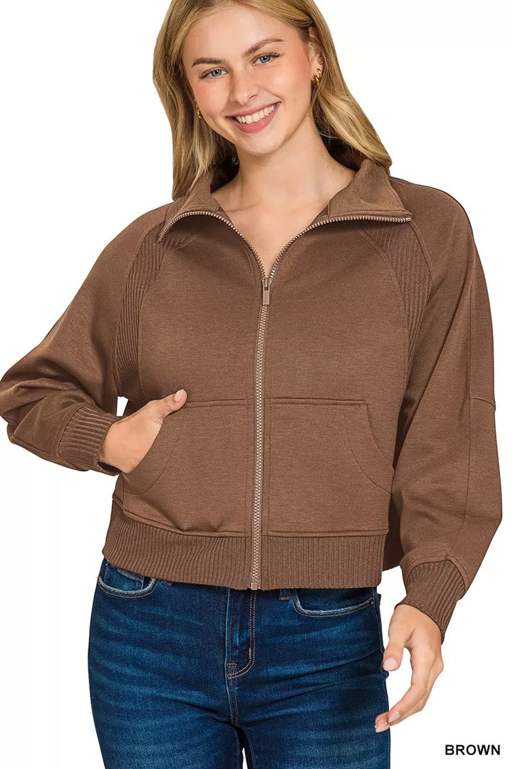 Brown Zenana Scuba Full Zip Cropped Jacket With Pockets