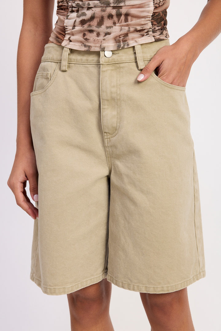 Sage High Rise Wide Leg Denim Bermuda Shorts
