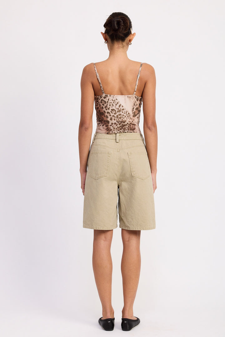 High Rise Wide Leg Denim Bermuda Shorts