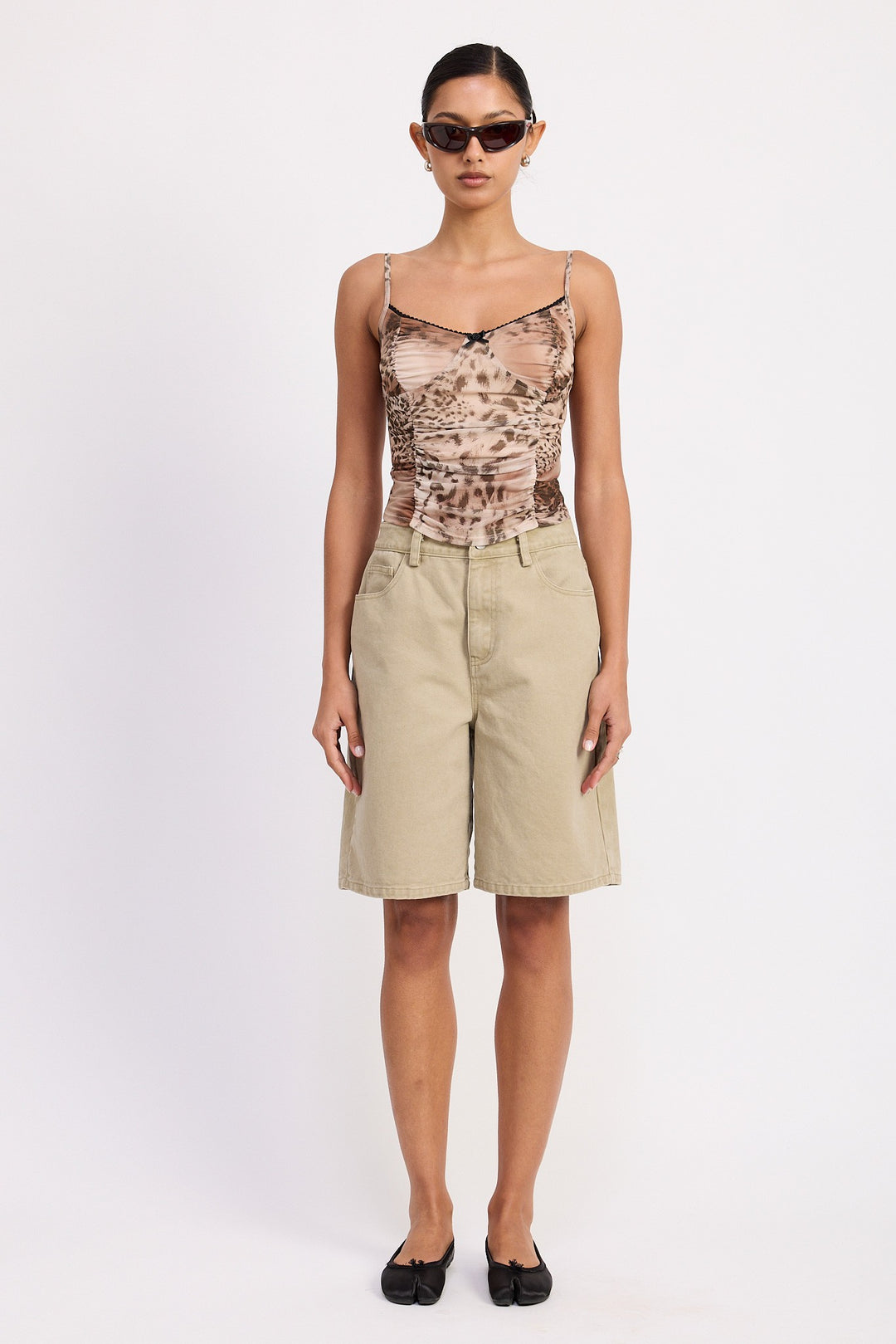 High Rise Wide Leg Denim Bermuda Shorts