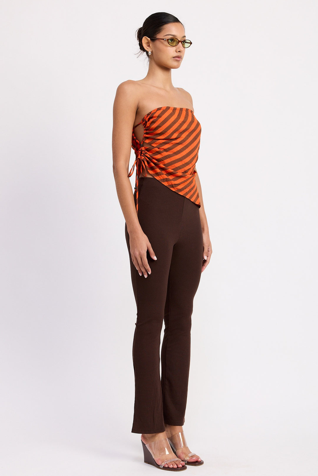 Fitted Strapless Stripe Top With Side Tie Accent