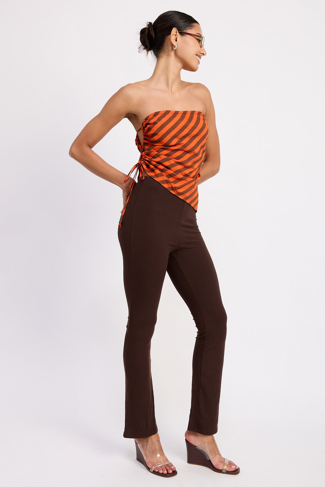 Fitted Strapless Stripe Top With Side Tie Accent