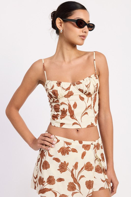 Ruched Floral Sweetheart Crop Top