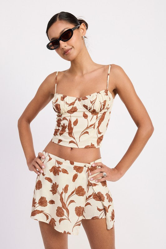 Natural Brown Ruched Floral Sweetheart Crop Top