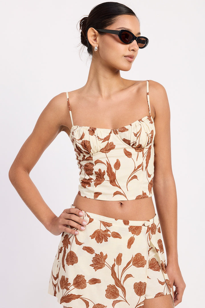 Ruched Floral Sweetheart Crop Top