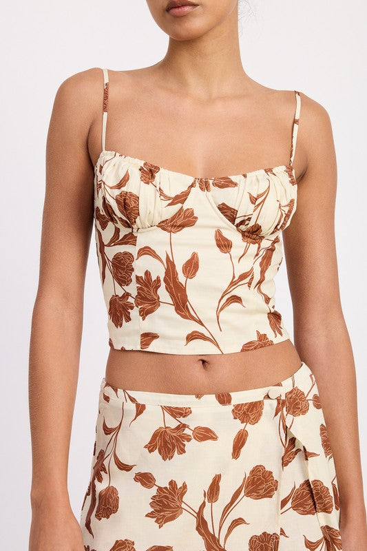 Ruched Floral Sweetheart Crop Top