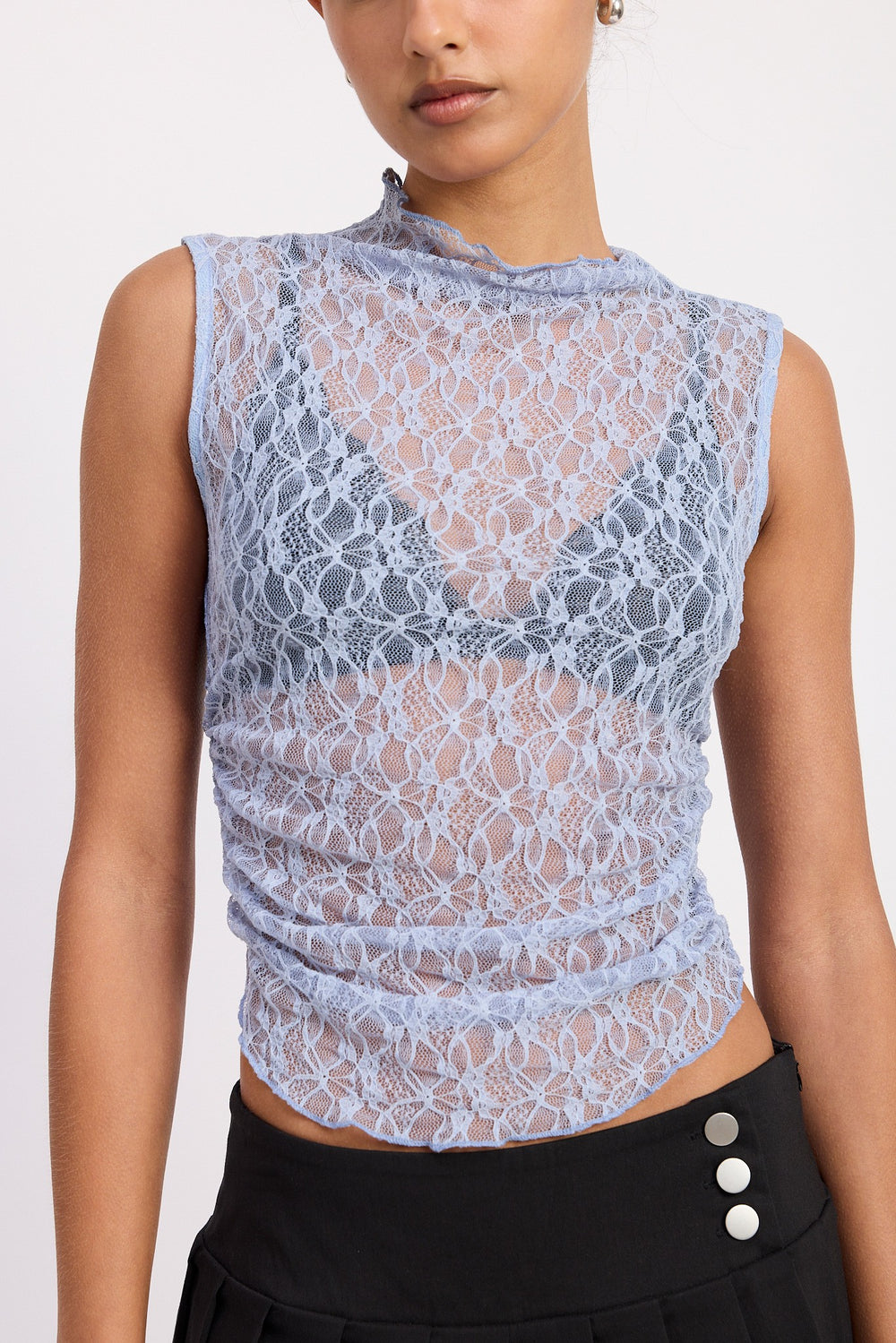 Dusty Blue Lace Mock Neck Sleeveless Top With Side Ruching