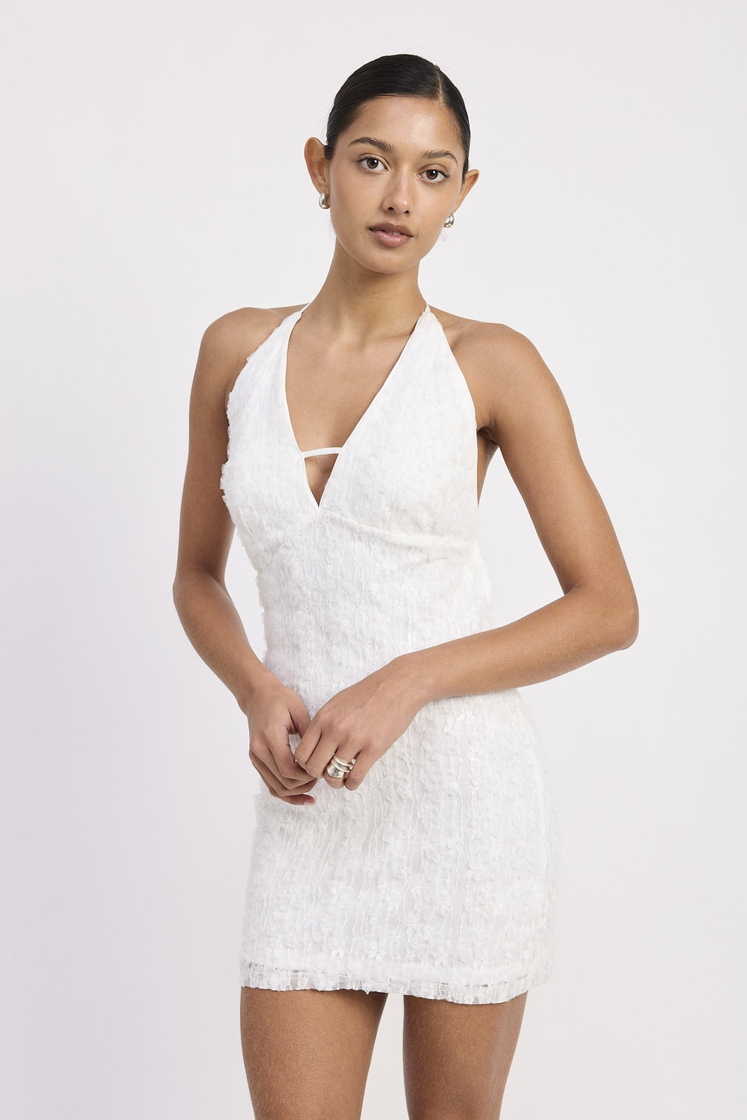 Ivory Lace Floral Halter Neck Mini Lace Dress Wtih Back Tie